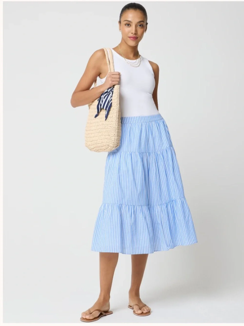 J Crew Factory Tiered midi skirt Sail Blue Stripe Pull on Cotton Preppy Size M - Picture 13 of 13